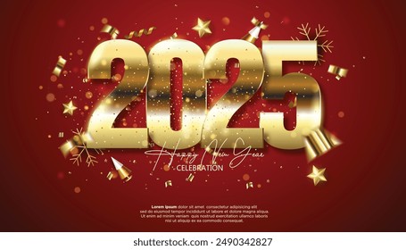 Happy New Year 2025. festive realistic decoration gold number with gold confetti for Celebrate 2025 party, calender and poster