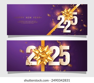 Happy New Year 2025. festive realistic decoration gold number with gold ribbon for Celebrate 2025 party, calender and poster