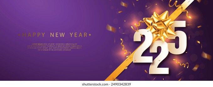 Feliz Año Nuevo 2025. festivo número de oro de decoración realista con cinta de oro para celebrar la fiesta de 2025, calendario y póster