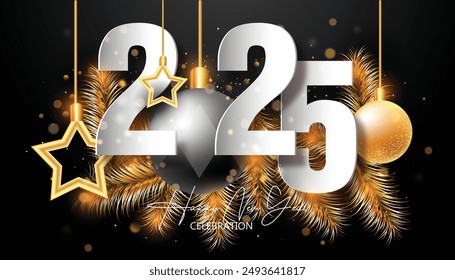 Happy New Year 2025. festive realistic glow christmas decoration elegant number for Celebrate 2025 party, calender and poster