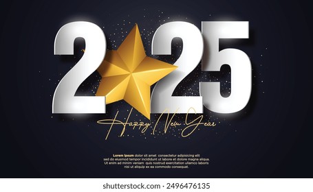 Happy New Year 2025. festive realistic decoration elegant number with star for Celebrate 2025 party, calender and poster