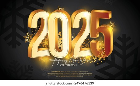 Happy new year 2025. Festive 2025 new year celebration 3D gold numbers. Trendy and modern design