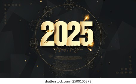 Happy New Year 2025. festive realistic decoration elegant gold number for Celebrate 2025 party, calender and poster