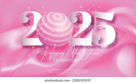 Happy New Year 2025. festive realistic decoration elegant number on pink background for Celebrate 2025 party, calender and poster