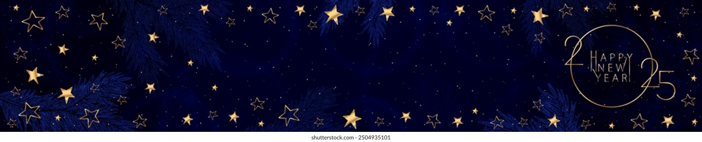 Happy New Year 2025. Festive blue banner of bright color with a stylized golden inscription, stars, highlights and blue spruce branches. Website header banner