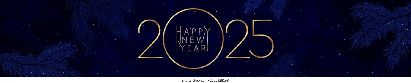 Happy New Year 2025. Festive blue banner of bright color with a stylized golden inscription, stars, highlights and blue spruce branches. Website header banner