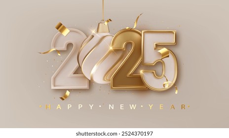 Happy new year 2025. Festive design with realistic golden number and Christmas decorations, balls, and streamer