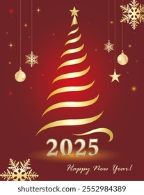 Happy New Year 2025. Festive abstract background with Christmas tree and holiday decoration on red background. Vector illustration for winter holiday design