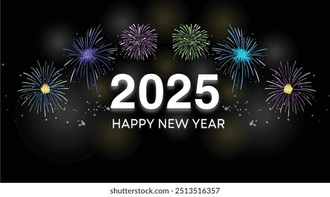 Happy New Year 2025 - Fireworks Celebration Background. Happy New Year 2025 with colorful fireworks displayed around 2025 on a dark background.