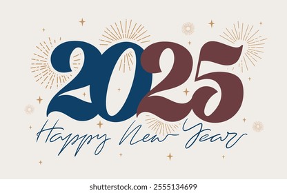 Happy New Year 2025 fireworks card. Trend Color 2025 vector numbers with multicolored fireworks and star. Vector template design poster, calendar, number of year design. Design 2025 elements.