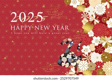 Happy new year in 2025. flower pattern snake. red background.