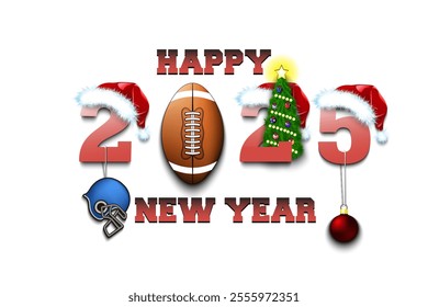 Happy new year. 2025 with football ball. Numbers in Christmas hats with helmet and Christmas tree ball. Original template design for greeting card. Vector illustration on isolated background