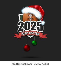 Happy new year 2025. Football logo template design. Football ball in santa hat. Design pattern for greeting card, banner, poster. Vector illustration on isolated background