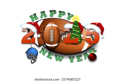 Happy new year. 2025 with football ball. Numbers in Christmas hats with football helmet and Christmas tree ball. Original template design for greeting card. Vector illustration on isolated background