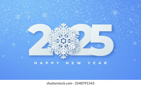 Happy New Year 2025 in the form of realistic, 3D stylized numbers, accompanied by white snowflakes. This symbol is suitable for posters, banners, greeting cards and other layout designs.