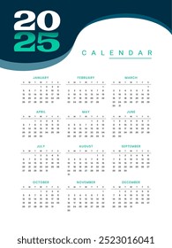 Feliz Año Nuevo 2025 Vector de diseño de Plantilla de calendario de página completa