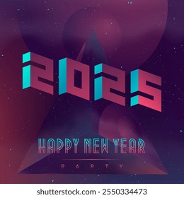 Feliz Ano Novo 2025. Cartaz de design futurista com elementos abstratos no espaço escuro. Aplicável para capas, cartazes, cartazes de música e panfletos dj. Tema do espaço.