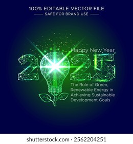 Happy New year 2025. Futuristic, eco, green, sustainable, renewable technology innovation, energy, development, resolution, goal, vision, target and logo and background.