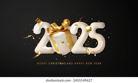 Happy New Year 2025 with gift box. Decorative 3d elements on dark background for Happy New Year and Christmas greetings holiday.