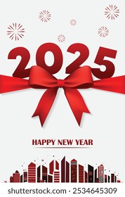 happy new year 2025 gift red ribbon with fireworks icon cityscape vector poster