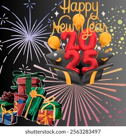 Happy New Year 2025 with gifts and fireworks. Happy New Year Card Template. 