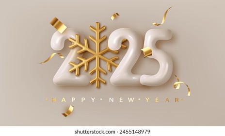 Happy New Year 2025 glossy 3d number. Happy New Year and Merry Christmas 2025 greeting card template