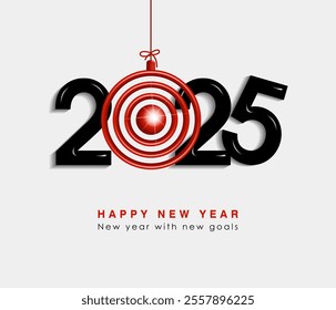 Happy New Year 2025. New year with new goals. 3D goal in the form of a red New Year's ball. Black 3D numbers with plastic texture on a light background.