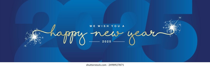 Happy New Year 2025 gold handwritten typography glitter fireworks and blue 2025 background wallpaper web banner