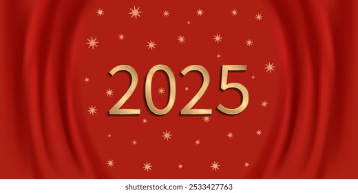 Happy New Year 2025 gold greetings. With unique and luxurious numbers. Red background with fabric effect. Shimmering snowflakes. Greeting Card, Banner, Poster. Vector Illustration.