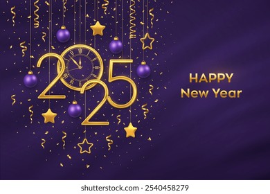 Happy New Year 2025. Gold metallic numbers 2025 and watch with Roman numeral and countdown midnight, eve for New Year. Hanging golden stars and balls on purple background. Vector illustration.