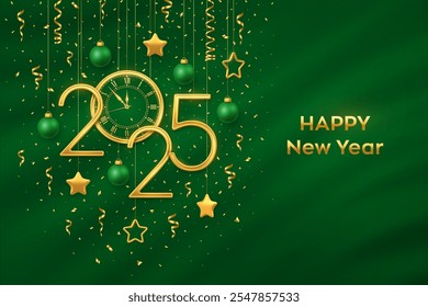 Happy New Year 2025. Gold metallic numbers 2025 and watch with Roman numeral and countdown midnight, eve for New Year. Hanging golden stars and balls on green background. Vector illustration.