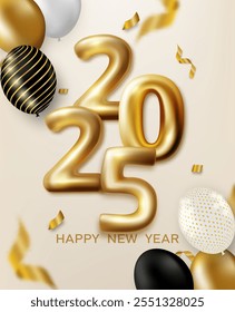 Happy  New Year 2025 gold balloon. Design with balloons and foil confetti on cream background. vector.