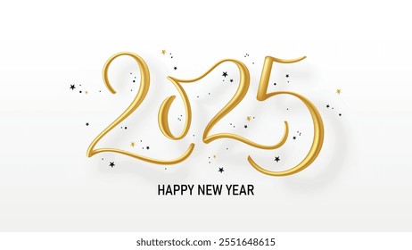 HAPPY NEW YEAR 2025 gold vector brush lettering banner on white background