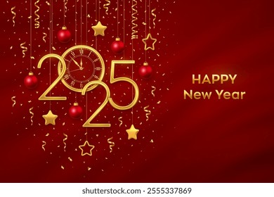 Happy New Year 2025. Gold metallic numbers 2025 and watch with Roman numeral and countdown midnight, eve for New Year. Hanging golden stars and balls on red background. Vector illustration.