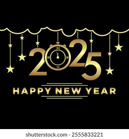 Happy New Year 2025 gold in black and timer illustration design