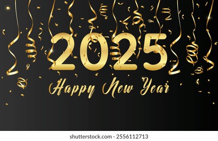 Happy New Year 2025 Gold Text With Ribbon Design Vector. Happy New Year 2025 in Dark Background