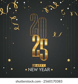 Happy New Year 2025 with gold stars and sparkles. Greeting concept for 2025 new year celebration.