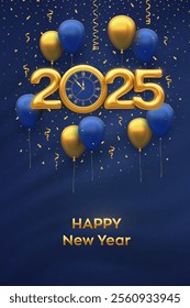 Happy New Year 2025. Gold metallic numbers 2025. Golden watch the countdown to midnight. Festive helium balloons on blue background. New Year, Xmas greeting card, party invitation. Vector illustration