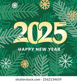 Happy New Year 2025 Gold Banner with Snowflake and green pine branches background.Vector illustration