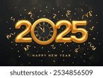 Happy New Year 2025. Golden metallic numbers 2025, gold watch with Roman numeral and countdown midnight, eve for New Year. Merry Christmas and Happy New Year 2025 greeting card. Vector illustration.