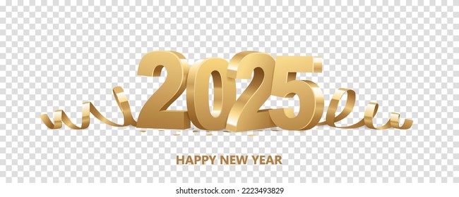 Happy New Year 2025. Golden 3D numbers with ribbons and confetti , isolated on transparent background.