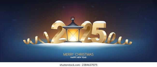 Happy New Year 2025. Golden 3D numbers with retro lantern, covered with snow. Holiday greeting card design.