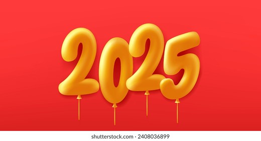 Happy new year 2025. Golden balloon numbers are floating on a red background, holiday greeting card design. 

