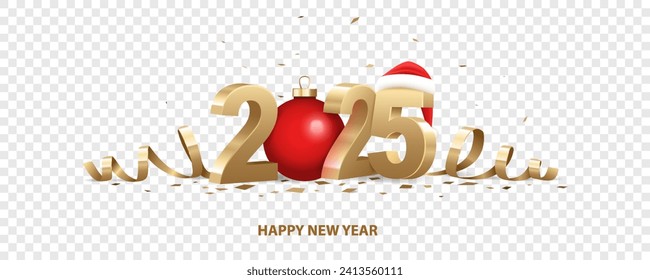 Happy New Year 2025. Golden 3D numbers with Santa hat, red Christmas ball and confetti, isolated on transparent background.