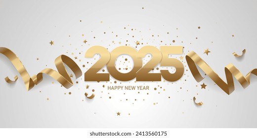 Happy New Year 2025. Golden numbers with ribbons and confetti on a white background.