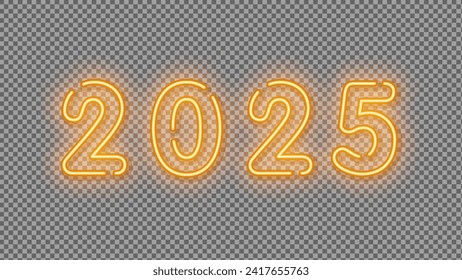 Happy New Year 2025. Golden 3D numbers with ribbons and confetti , isolated on transparent background.