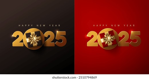 Happy new year 2025 golden text design background Decorated with gift box