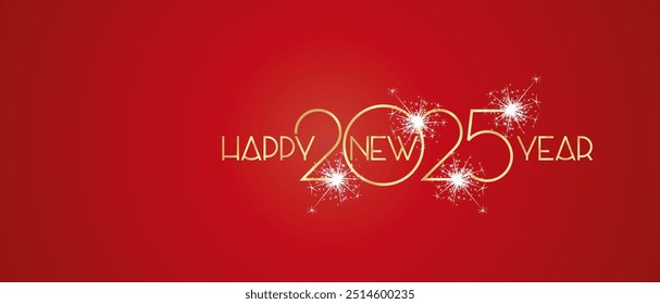 Happy New Year 2025 golden shining light typography logo white sparkle firework red background greeting card