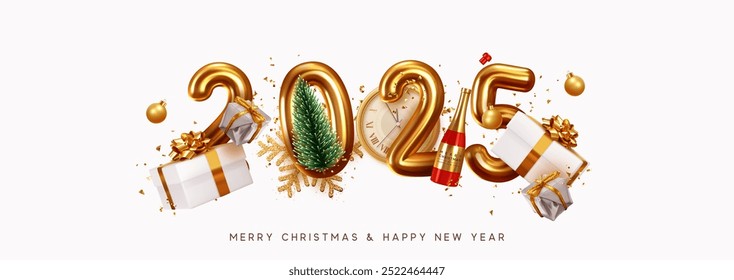 Happy New Year 2025. Golden metal number. Realistic 3d render sign. Festive realistic decoration. Celebrate party 2025, Web Poster, banner, cover card, brochure, flyer, layout design. White background