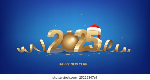 Happy New Year 2025. Golden 3D numbers with Santa hat, golden Christmas ball and confetti on a blue background.